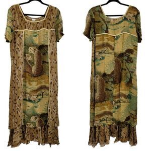 Vintage Dress‎ Cheetah Safari Short Sleeve Tiered Ruffled Hem Midi MuMu Brown M
